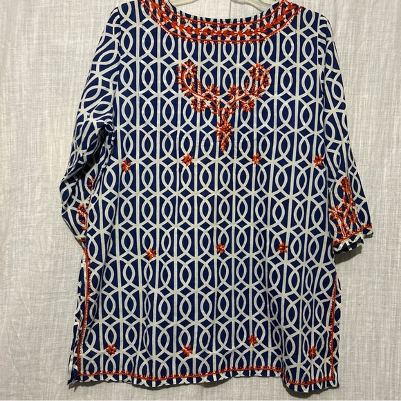Gretchen Scott Navy White Orange embroidered Striped Top size L - Picture 4 of 7
